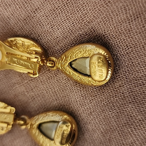 Oscar de la Renta Teardrop Malachite Emerald Green Earrings Gold Plated Clip On - Picture 4 of 6